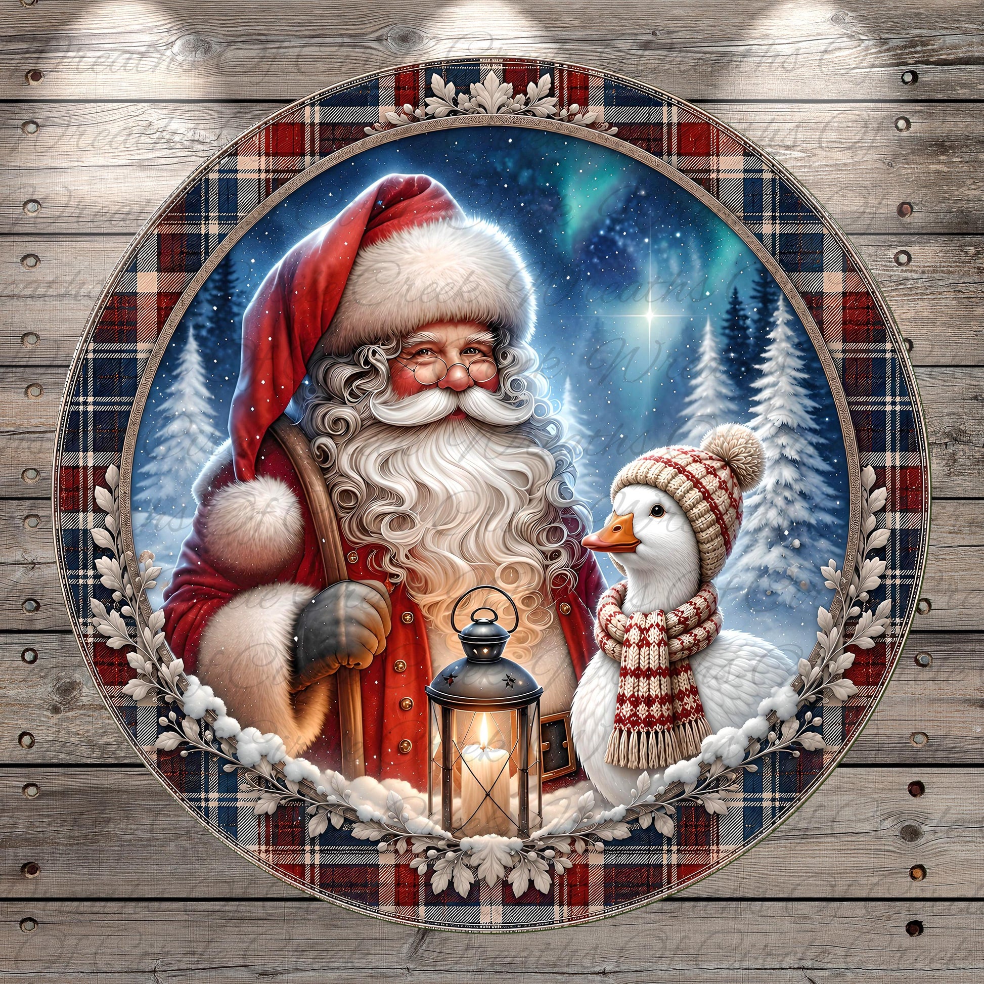 Santa Claus and a duck in a snowy winter scene, with a lantern and a pine tree in the background.
