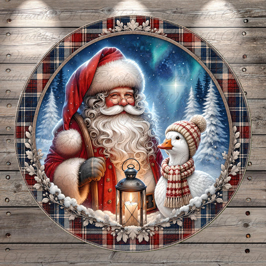Santa Claus and a duck in a snowy winter scene, with a lantern and a pine tree in the background.