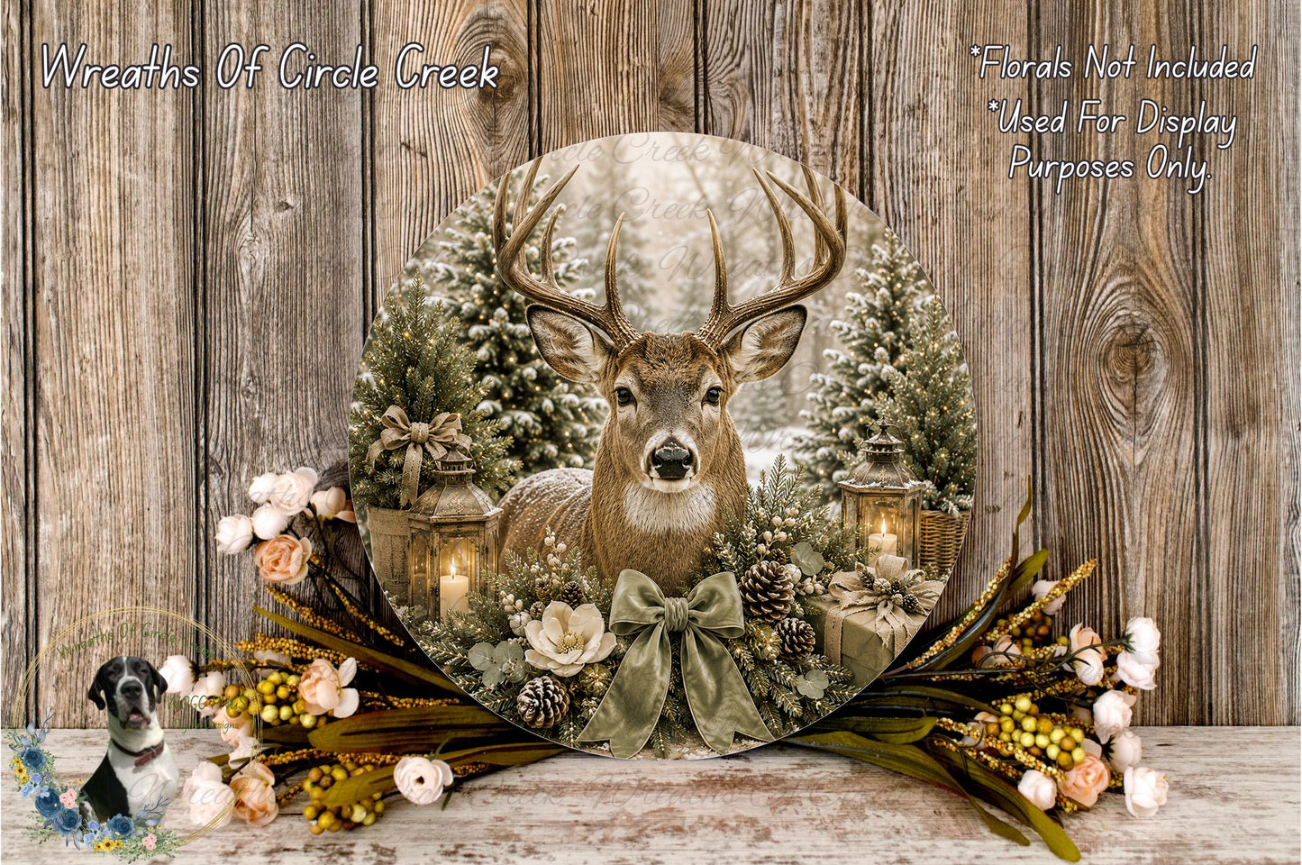 A deer with antlers is surrounded by a wreath of flowers and pine cones, with a lantern and other holiday decorations, against a backdrop of a snowy forest.