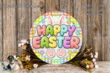 A colorful Easter-themed sign with the text "Happy Easter" displayed prominently. The sign is surrounded by a floral arrangement and placed on a wooden surface.