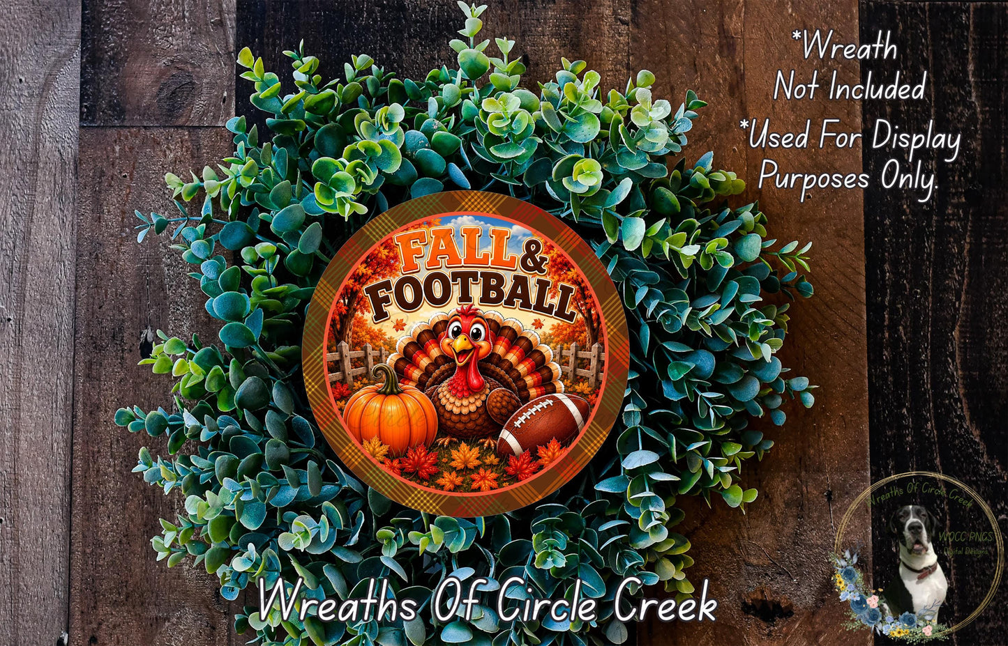 a wreath with a football and turkey design, surrounded by greenery, and a text overlay that reads "Fall & Football" and "Wreaths of Circle Creek".