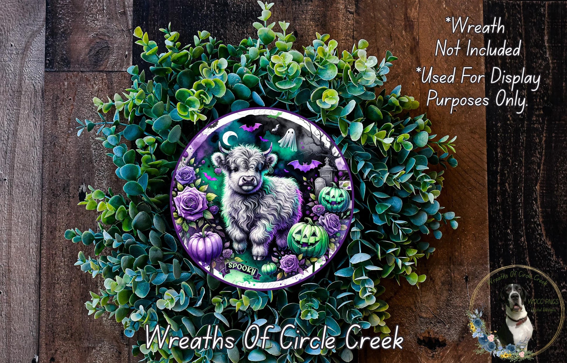 a wreath with a cow, pumpkins, and a ghost, surrounded by green foliage. The wreath is described as a "Wreath of Circle Creek" and is not included in a display for Halloween purposes.