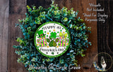 A wreath made of green leaves and featuring a circular sign with the text "Happy St. Pawtitive's Day" surrounded by various St. Patrick's Day symbols and a dog.