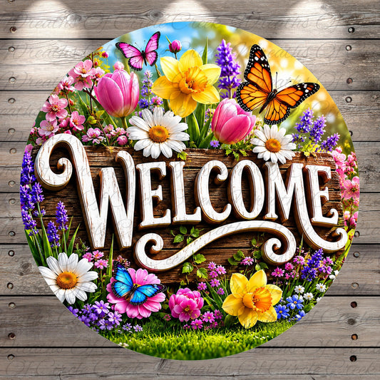Welcome Butterfly Garden Aluminum Metal Wreath Sign (Lightweight, No Holes)