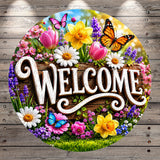 Welcome Butterfly Garden Aluminum Metal Wreath Sign (Lightweight, No Holes)