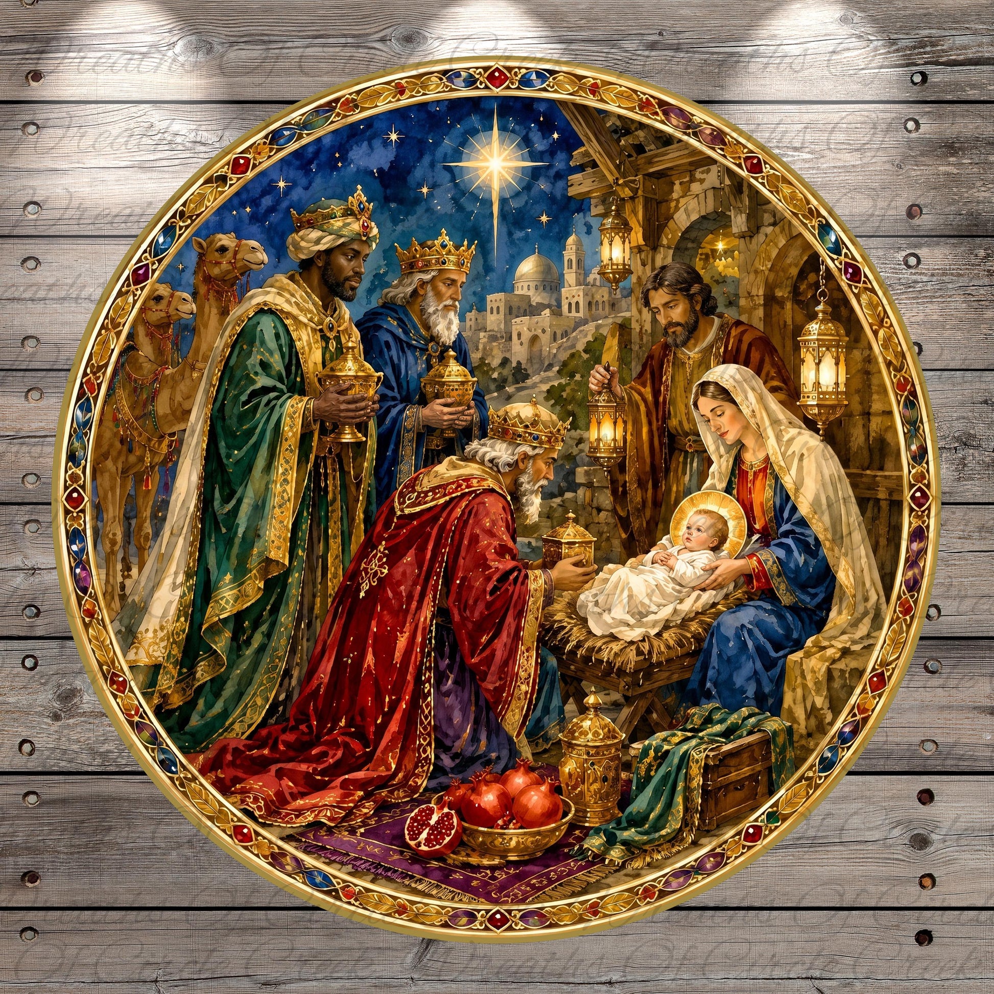 The image is a detailed painting depicting the birth of Jesus Christ, with the Virgin Mary and baby Jesus surrounded by the wise men.