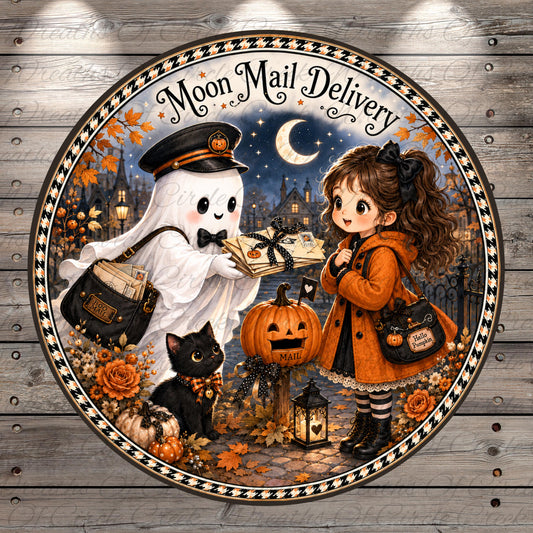 A Halloween-themed illustration featuring a ghost, a young girl, a cat, a pumpkin, and a lantern, all set against a night sky backdrop with a crescent moon and stars.