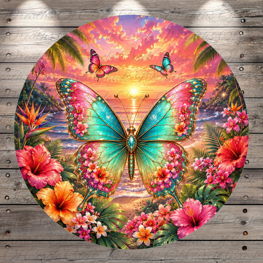 A vibrant and colorful butterfly with intricate patterns and designs, surrounded by tropical flowers and lush foliage, set against a stunning sunset backdrop.