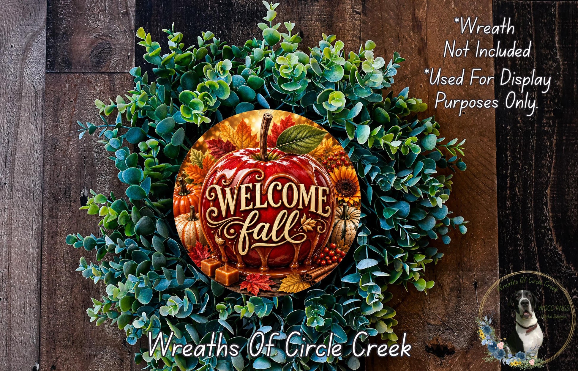 a wreath with a welcome sign, surrounded by various fall-themed elements such as leaves, flowers, and a pumpkin.
