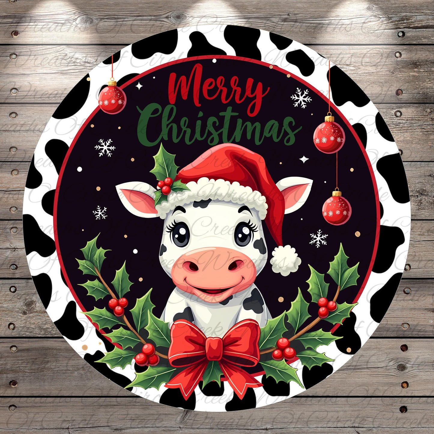A cow wearing a Santa hat and surrounded by Christmas decorations, including holly leaves, berries, and a bow, with the text "Merry Christmas" displayed.