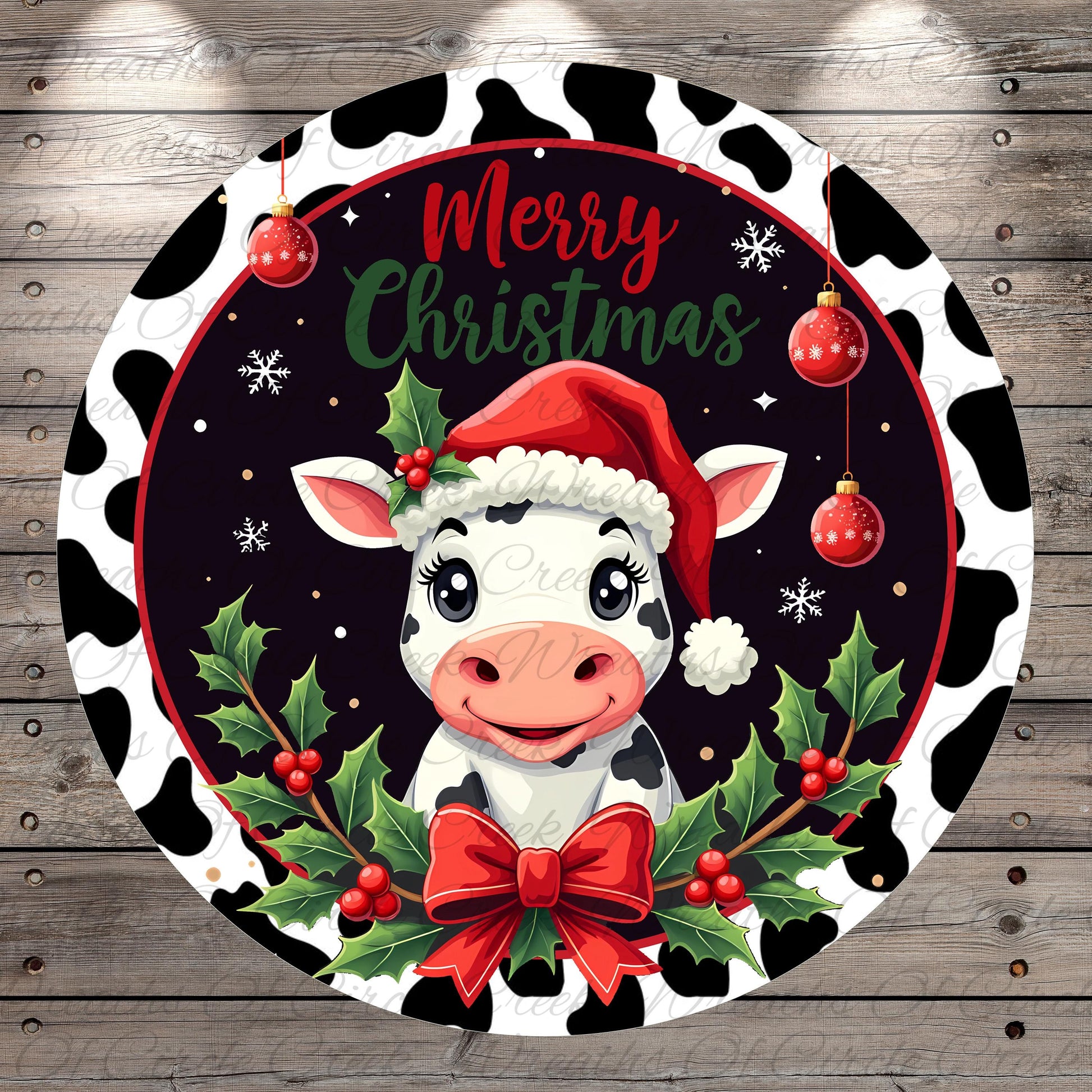 A cow wearing a Santa hat and surrounded by Christmas decorations, including holly leaves, berries, and a bow, with the text "Merry Christmas" displayed.