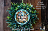 A wreath made of green foliage and featuring a decorative plate with a gnome design, surrounded by a text overlay that reads "Merry Christmas" and "Wreaths of Circle Creek".