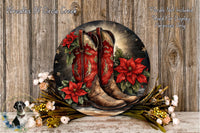 A decorative wreath featuring red cowboy boots and red poinsettias, set against a wooden background with white flowers.