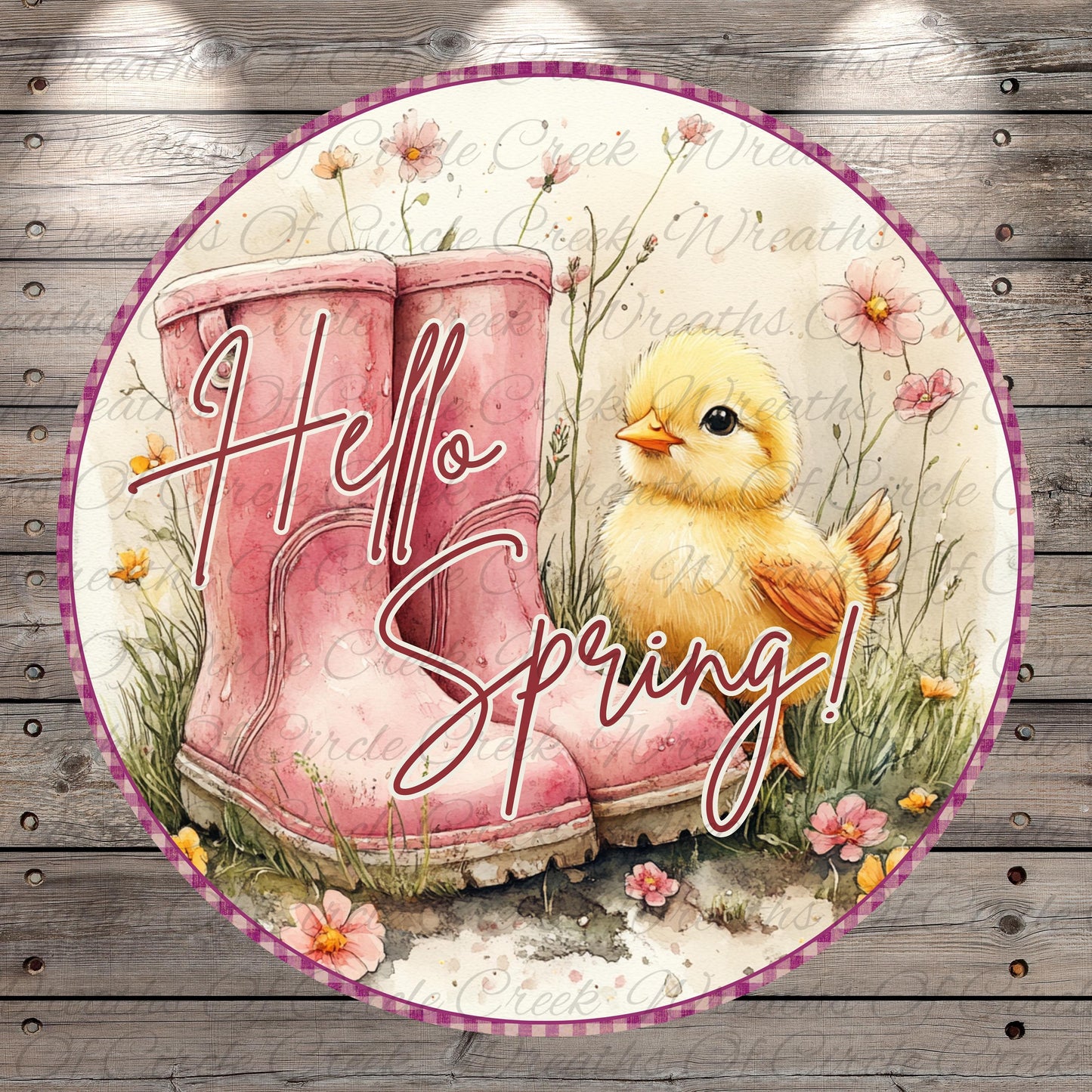 A cheerful illustration of a yellow chick pecking at flowers next to a pink boot, surrounded by a floral background.