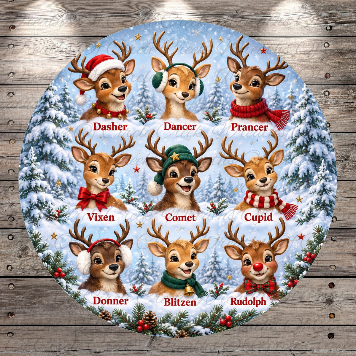 A circular arrangement of nine cartoon reindeer with different names and accessories, set against a snowy winter landscape with pine trees and stars.