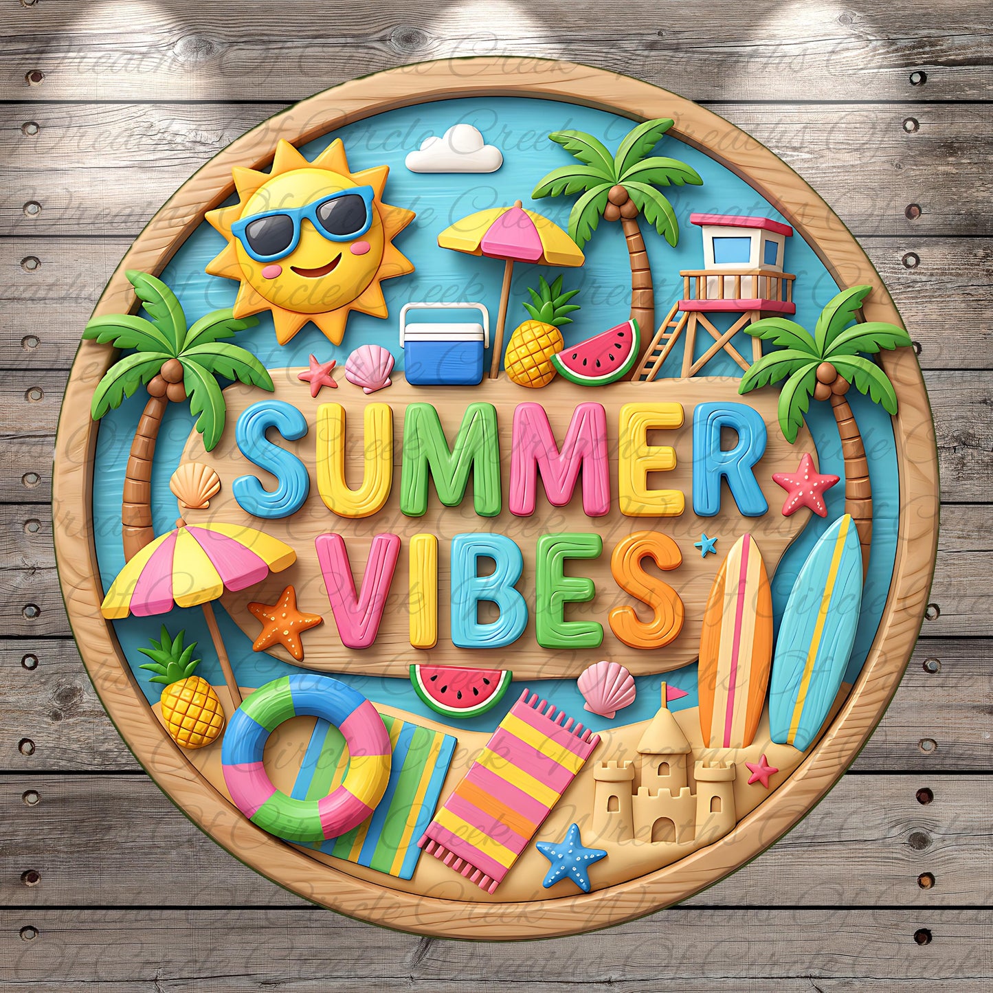 A colorful and vibrant illustration of summer vibes, featuring various summer-themed objects such as a sun, palm trees, a beach, a surfboard, and other beach accessories.