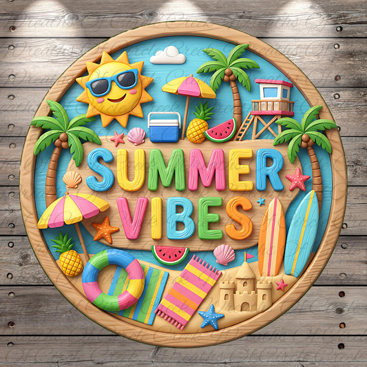A colorful and vibrant illustration of summer vibes, featuring various summer-themed objects such as a sun, palm trees, a beach, a surfboard, and other beach accessories.