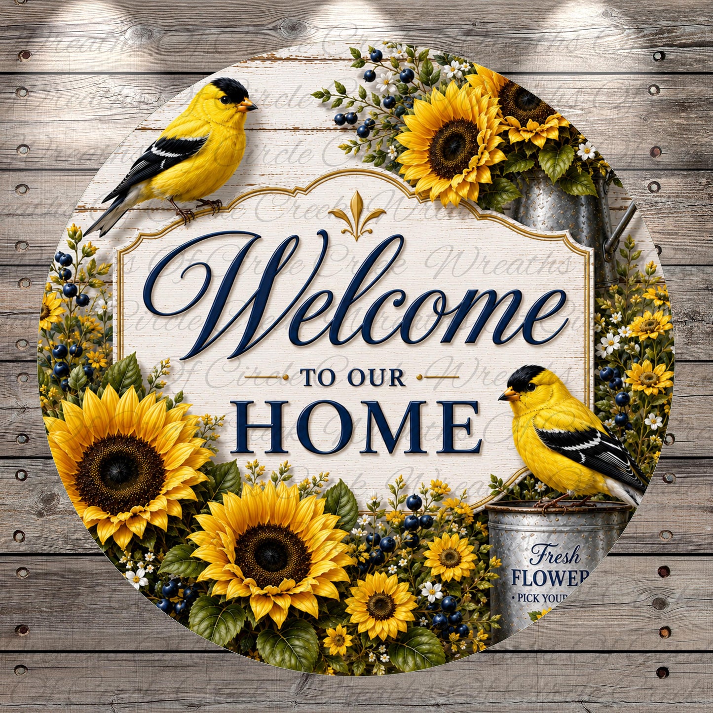 A circular sign with a welcoming message, surrounded by sunflowers and birds, against a wooden background.