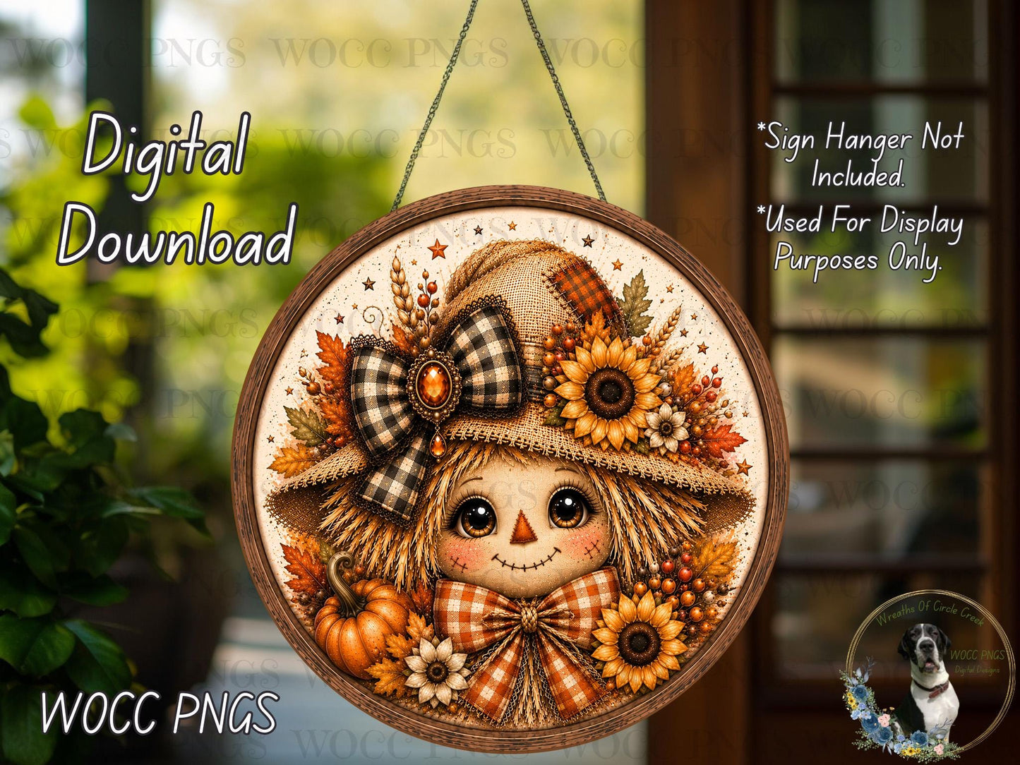 The image is a digital download of a round, wooden frame with a painted scarecrow face and autumn decorations, including sunflowers, pumpkins, and a bow.