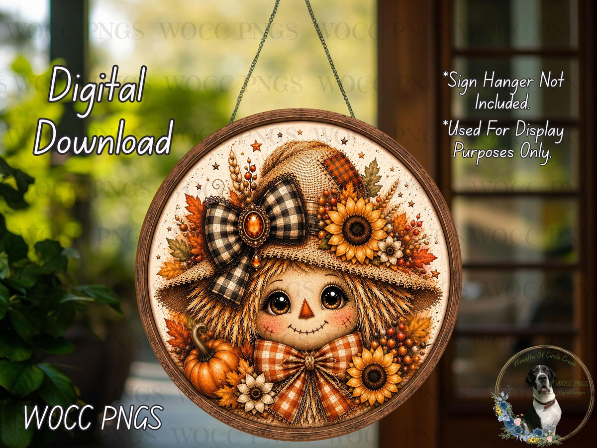 The image is a digital download of a round, wooden frame with a painted scarecrow face and autumn decorations, including sunflowers, pumpkins, and a bow.