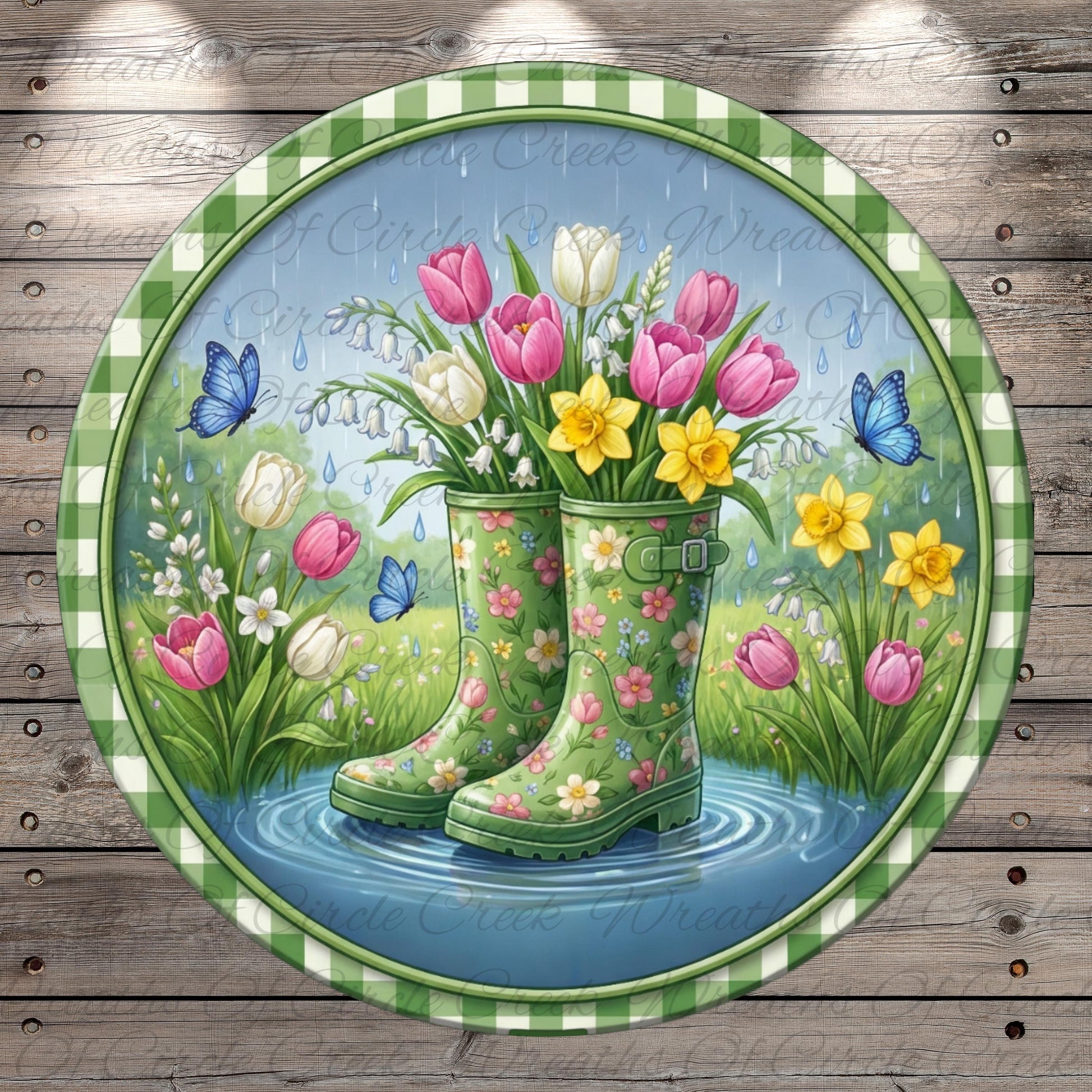 A pair of green rain boots with flowers on them, surrounded by a circular frame with a floral border and butterflies, set against a backdrop of a pond and blooming flowers.