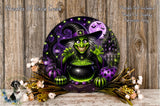 A whimsical illustration of a witch in a witch's hat, surrounded by a cauldron, pumpkins, and flowers, set against a backdrop of a full moon and bats.