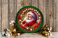 A festive Christmas wreath featuring a smiling Santa Claus surrounded by colorful flowers and greenery, placed on a wooden surface.