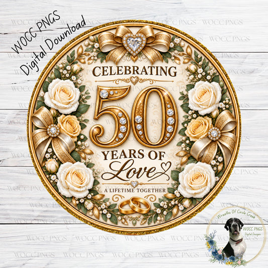 The image is a decorative anniversary celebration with a golden design featuring roses, ribbons, and a large number "50" surrounded by the text "Celebrating 50 Years of Love" and "A Lifetime Together".