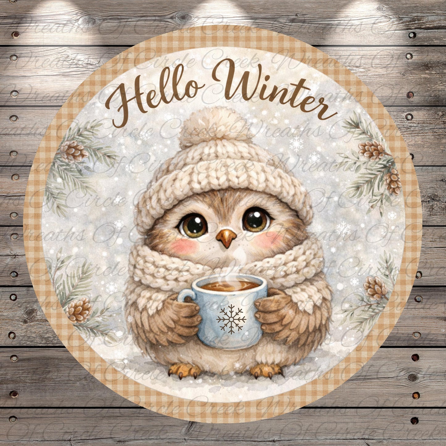 A cozy illustration of a small owl wearing a winter hat and scarf, holding a mug of hot chocolate, with the text "Hello Winter" written above it.