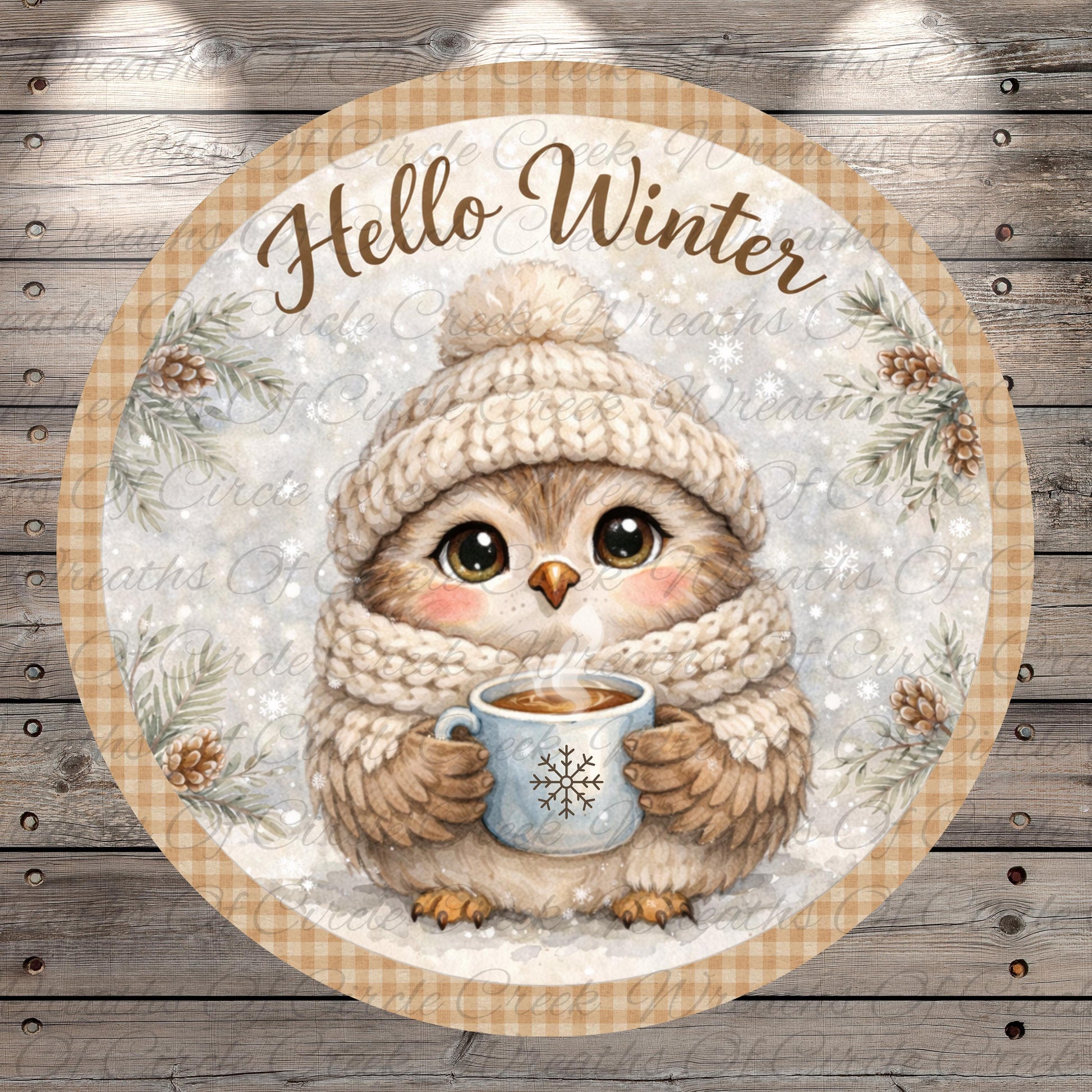 A cozy illustration of a small owl wearing a winter hat and scarf, holding a mug of hot chocolate, with the text "Hello Winter" written above it.