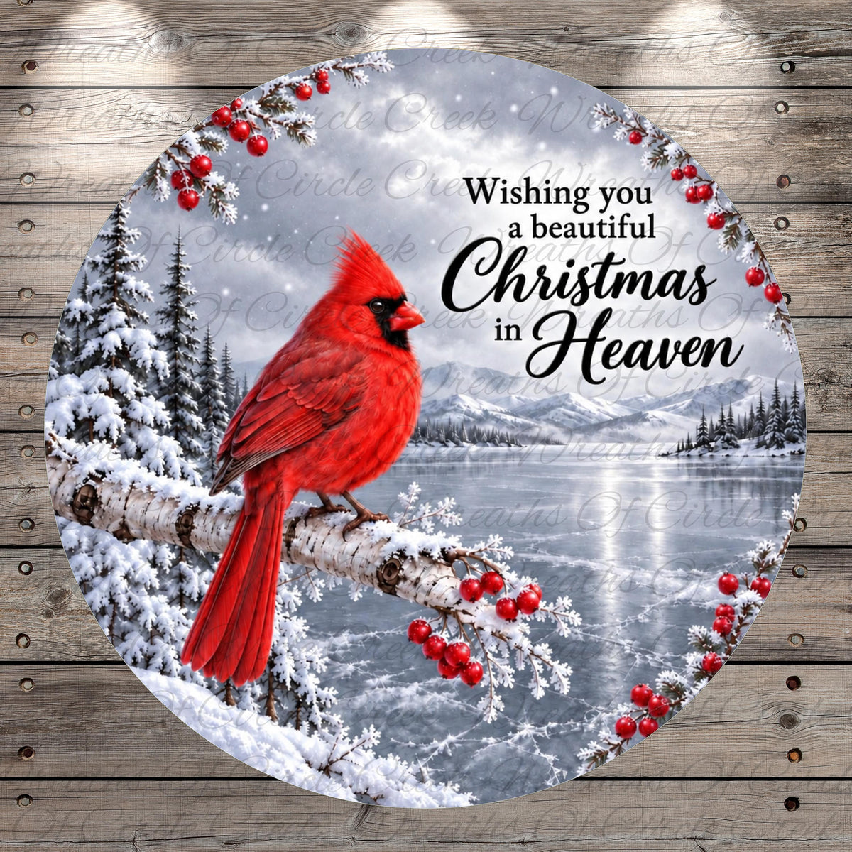 A red cardinal bird perched on a branch, surrounded by snow-covered trees and berries, with a snowy landscape and mountains in the background.