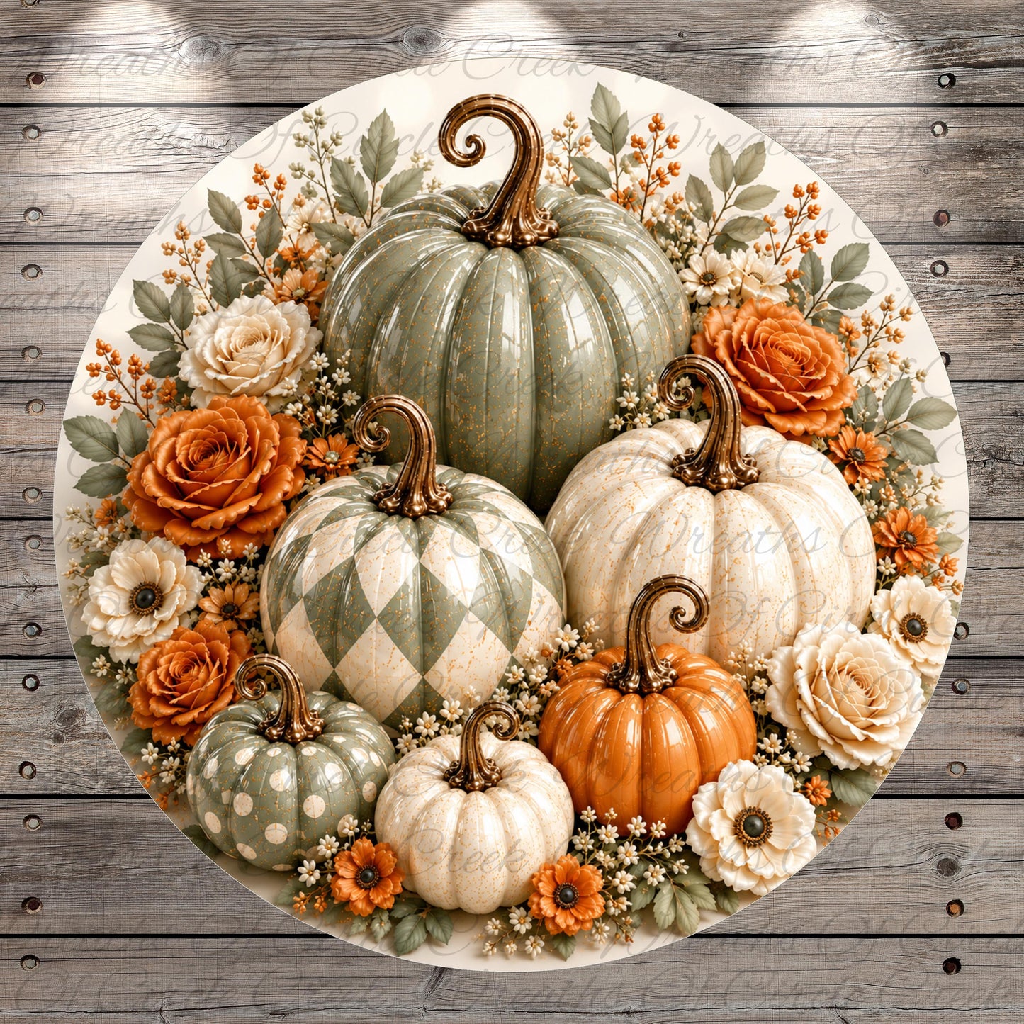 A circular arrangement of six decorative pumpkins, each with a unique pattern, surrounded by a vibrant floral arrangement of orange roses and white and green polka dots.