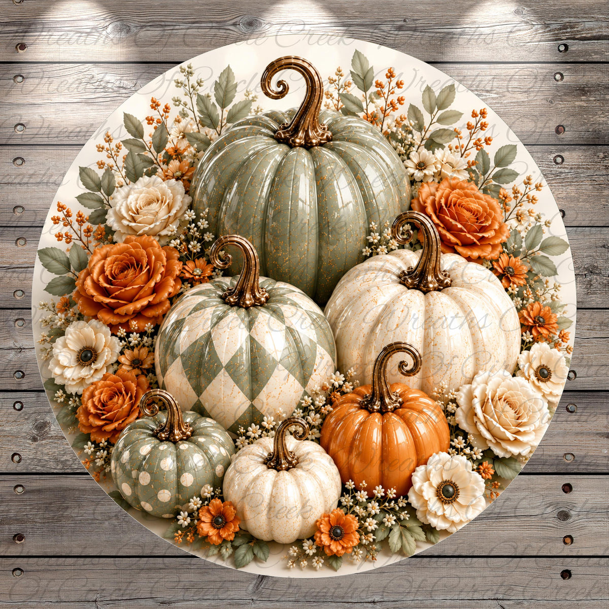 A circular arrangement of six decorative pumpkins, each with a unique pattern, surrounded by a vibrant floral arrangement of orange roses and white and green polka dots.