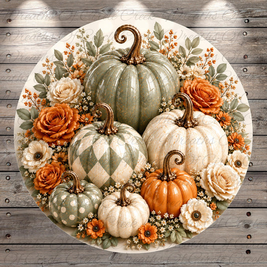 A circular arrangement of six decorative pumpkins, each with a unique pattern, surrounded by a vibrant floral arrangement of orange roses and white and green polka dots.