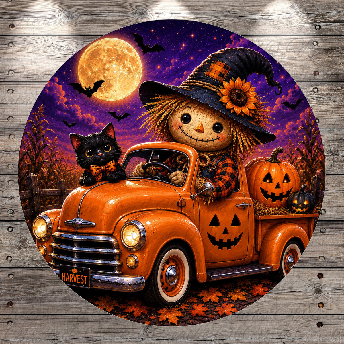 A Halloween-themed image featuring a scarecrow in a witch's hat driving an orange truck with a black cat and jack-o-lanterns in the bed.