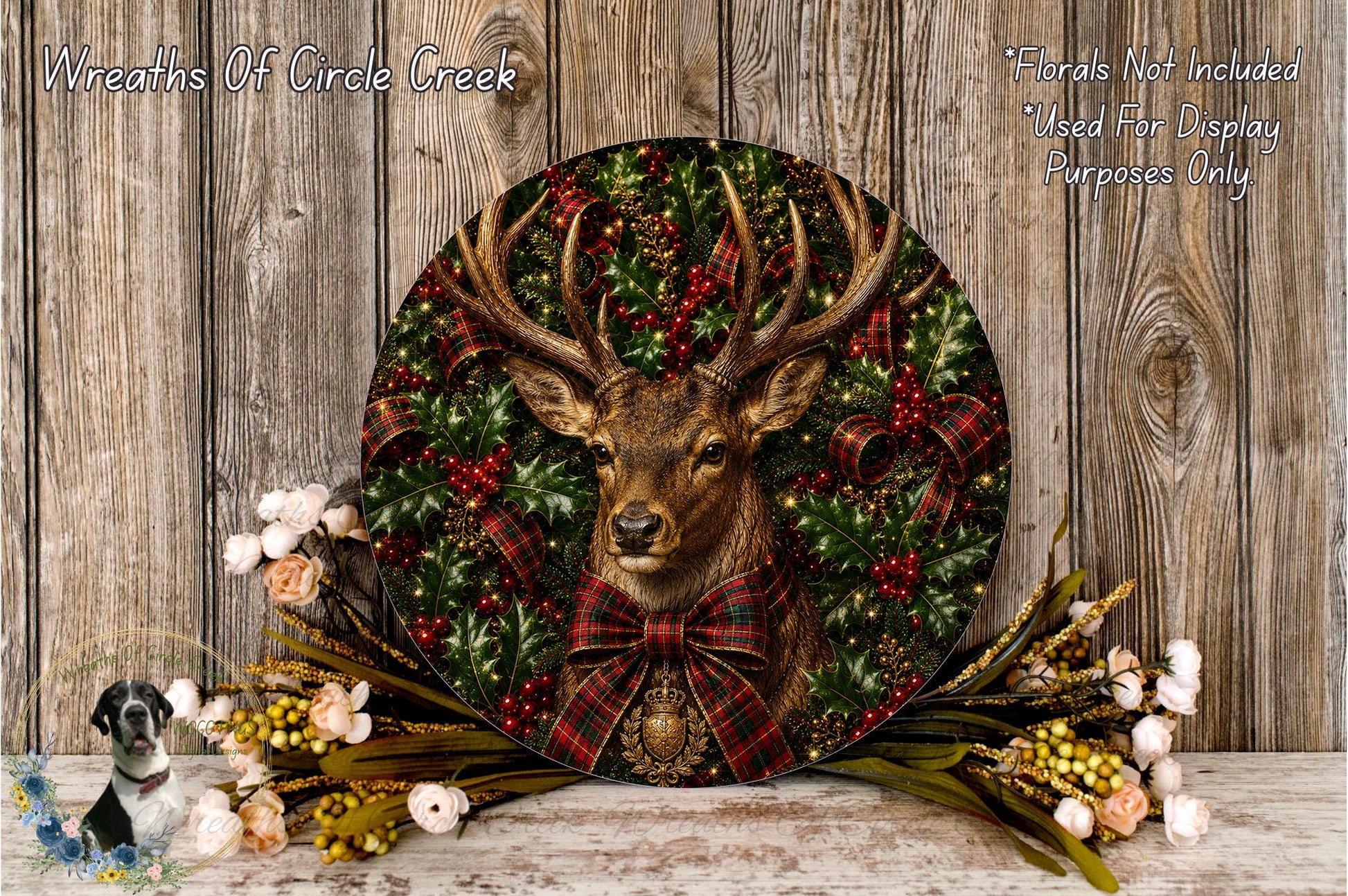 A decorative deer head with antlers is surrounded by a festive wreath of red berries, greenery, and a bow, set against a rustic wooden background.