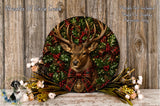 A decorative deer head with antlers is surrounded by a festive wreath of red berries, greenery, and a bow, set against a rustic wooden background.