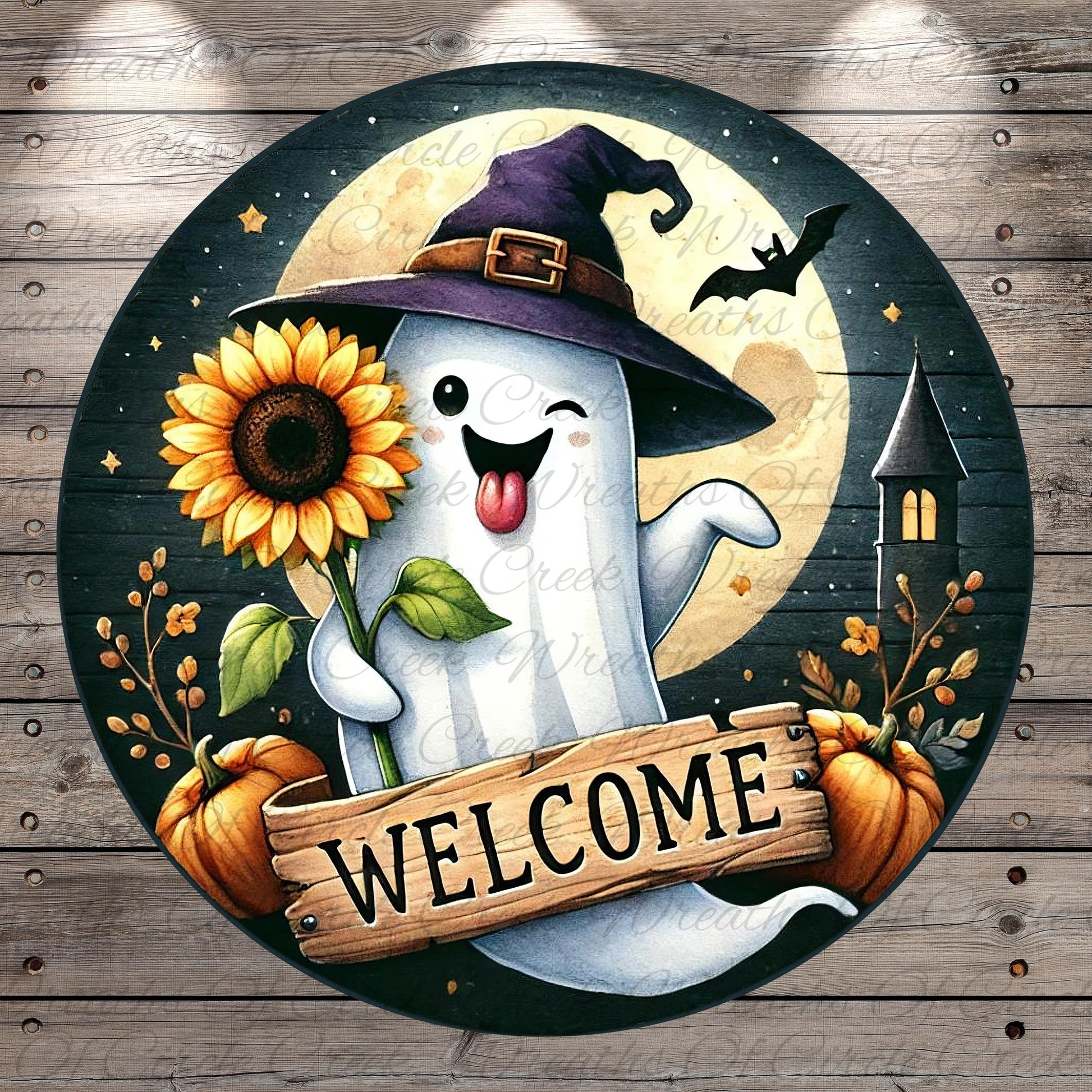 A whimsical Halloween-themed sign featuring a ghost holding a sunflower, a wooden sign with the word "WELCOME", and a castle in the background.