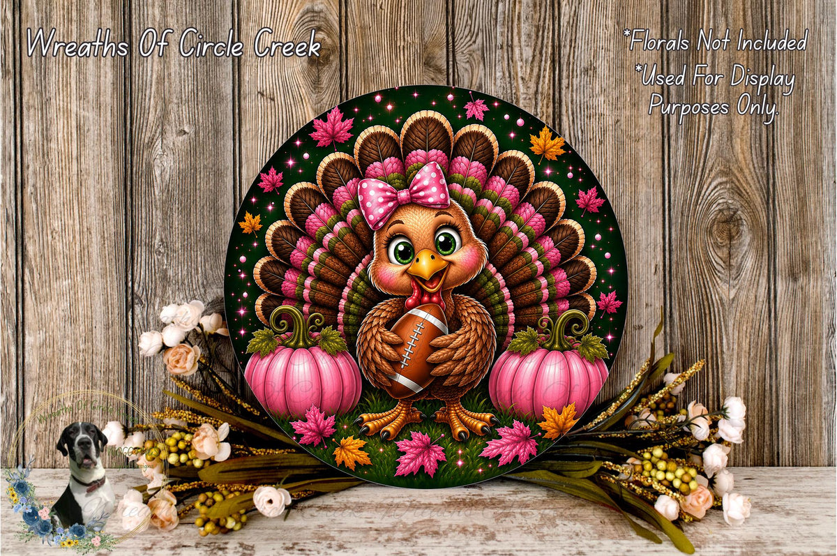 A decorative Thanksgiving wreath featuring a cartoon turkey holding a football, surrounded by pumpkins and flowers.