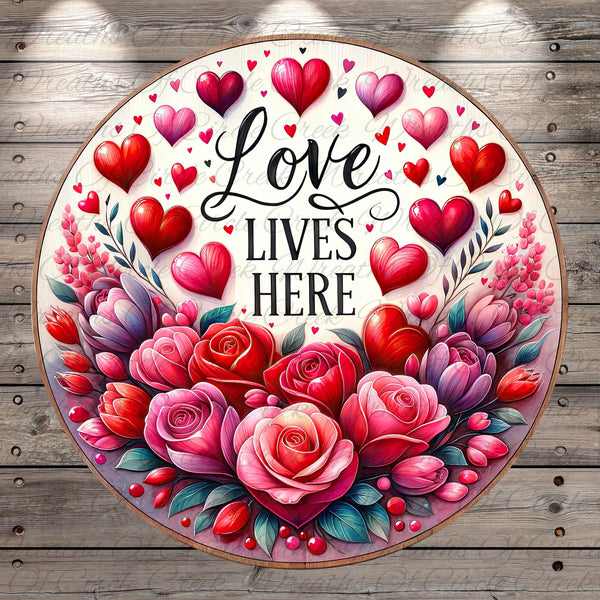 The image is a circular design featuring a floral arrangement with red roses and hearts, surrounded by the text &quot;Love lives here&quot;.