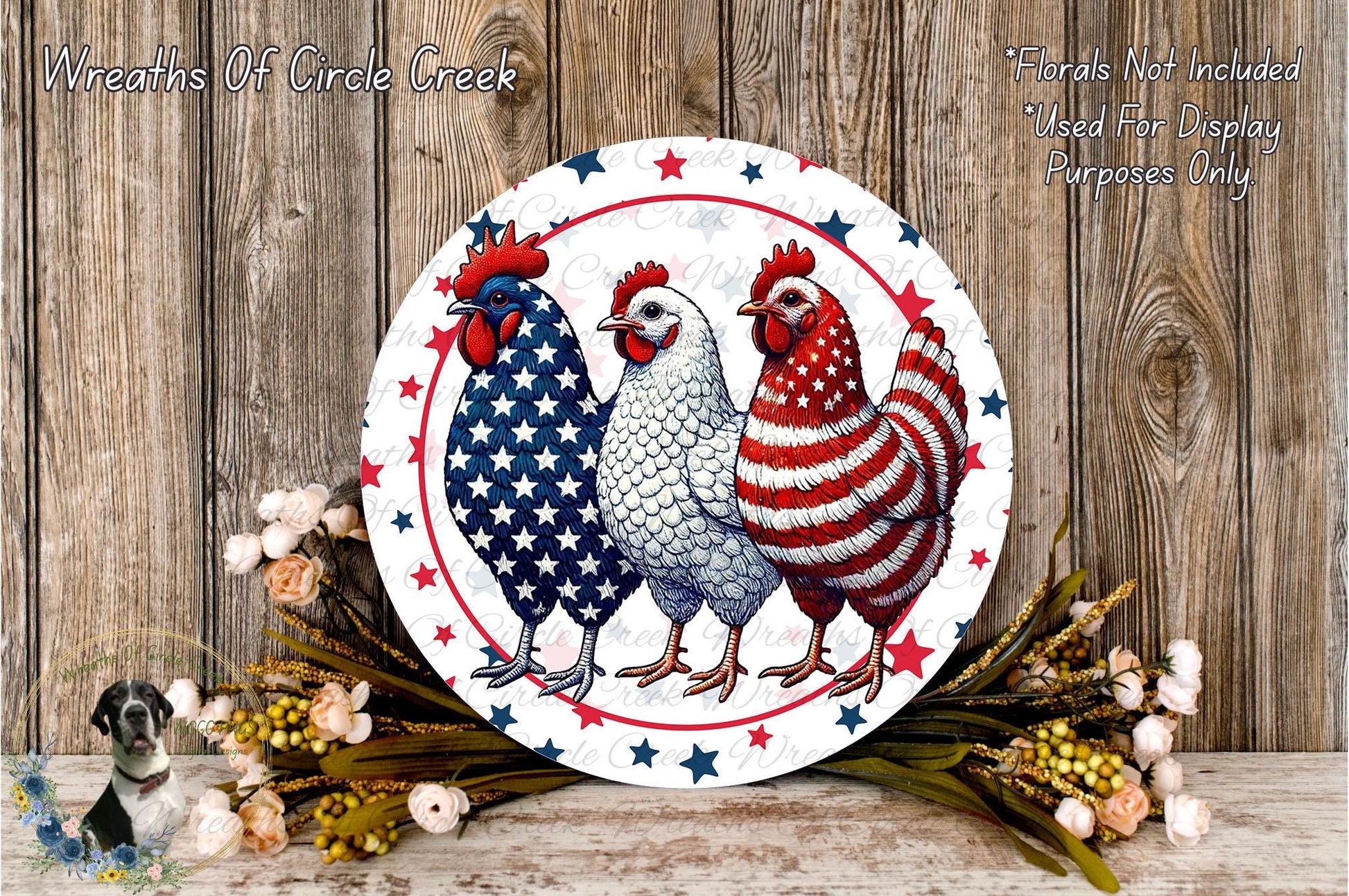 three chickens, each with a unique design, standing together on a circular plate with a patriotic theme. The chickens are depicted in red, white, and blue colors, and the plate is decorated with stars and flowers. The background is a wooden wall with a rustic appearance.