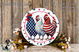 three chickens, each with a unique design, standing together on a circular plate with a patriotic theme. The chickens are depicted in red, white, and blue colors, and the plate is decorated with stars and flowers. The background is a wooden wall with a rustic appearance.