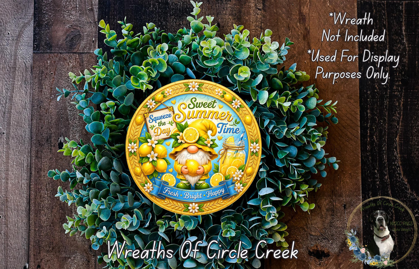 a wreath made of green leaves and a yellow plate with a gnome and lemon design, placed on a wooden surface.