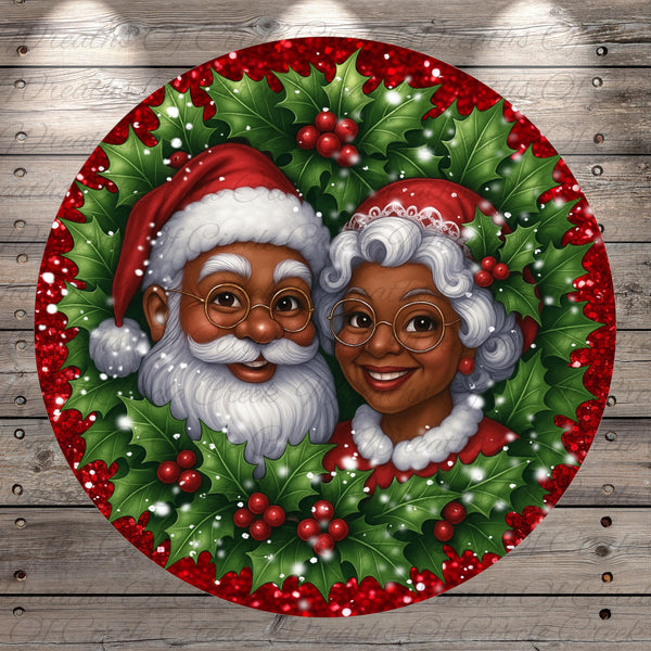 Santa Claus and Grandma are depicted in a festive wreath, surrounded by holly leaves and berries, creating a warm and joyful holiday scene.