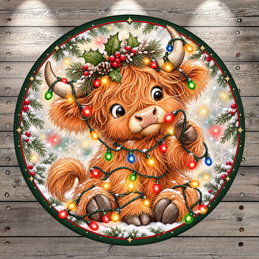 A cheerful, furry animal, possibly a cow or a yak, is sitting amidst a festive Christmas scene. The animal is adorned with colorful Christmas lights and a holly wreath, creating a warm and festive atmosphere.