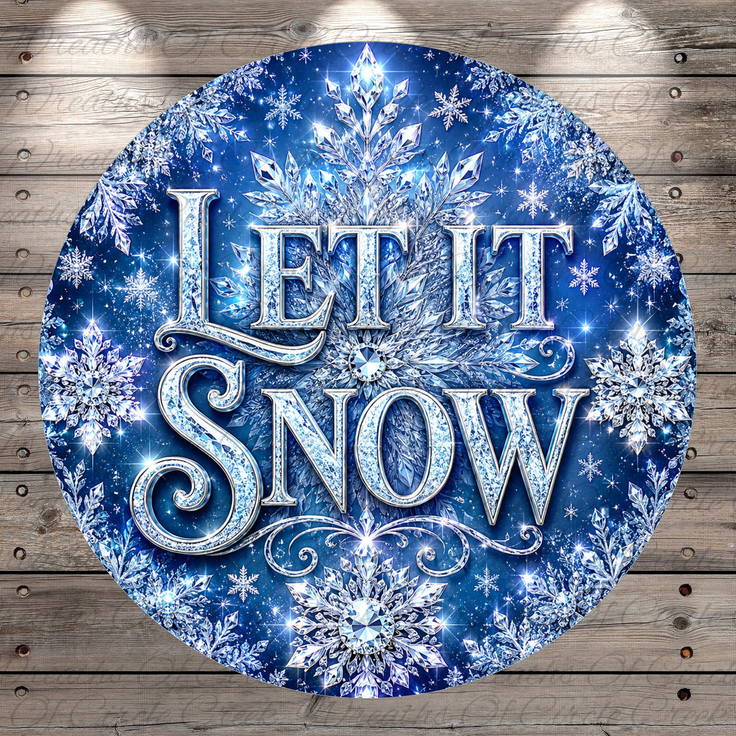A circular sign with the text "LET IT SNOW" against a background of sparkling snowflakes and a dark blue color.