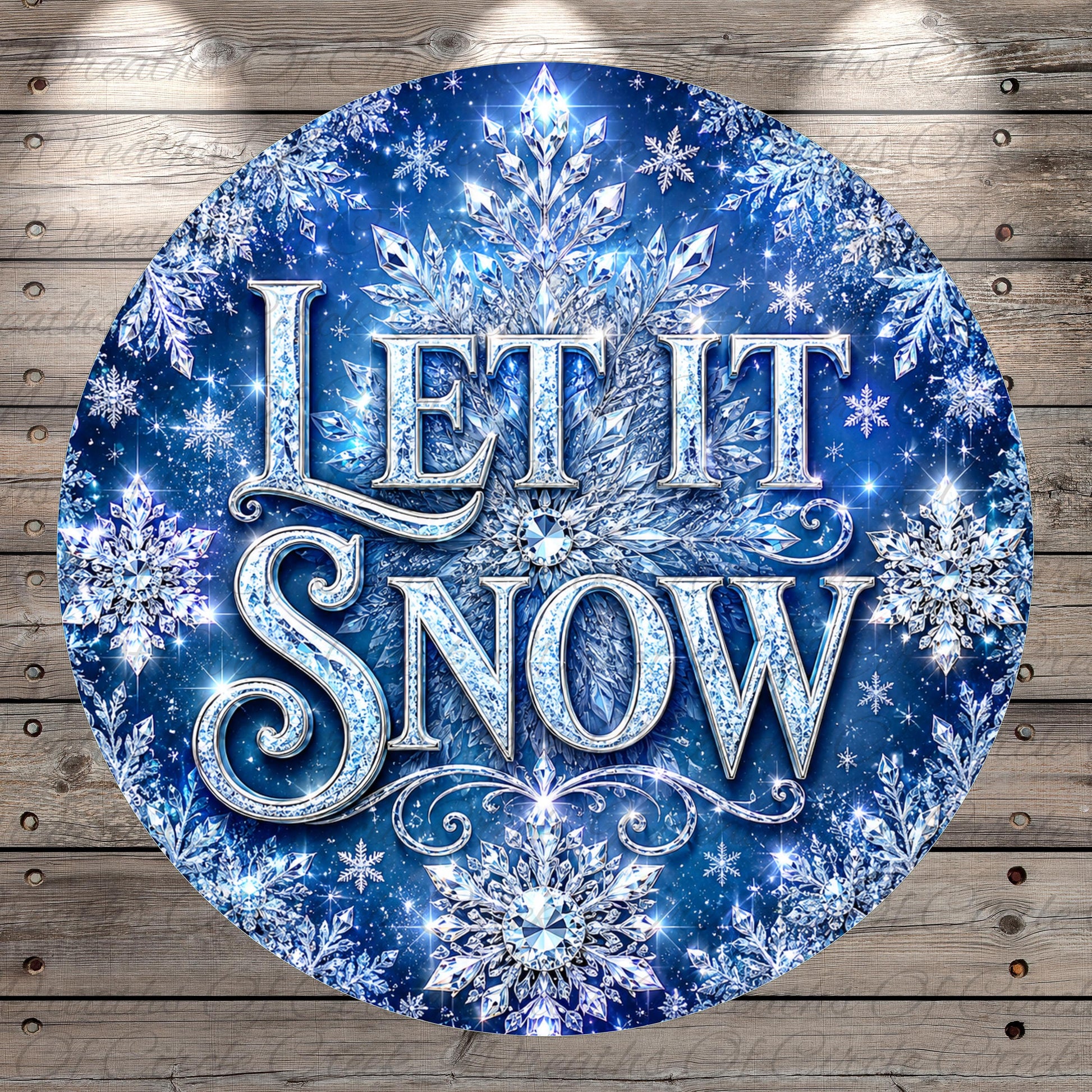 A circular sign with the text "LET IT SNOW" against a background of sparkling snowflakes and a dark blue color.