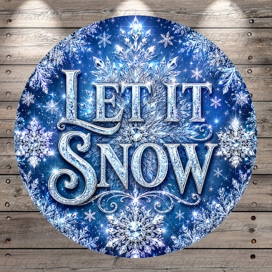 A circular sign with the text "LET IT SNOW" against a background of sparkling snowflakes and a dark blue color.
