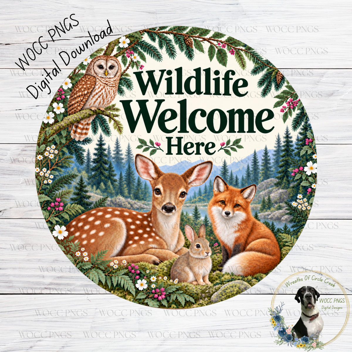 The image is a digital illustration featuring a forest scene with a deer, fox, rabbit, and owl. The text "Wildlife Welcome Here" is prominently displayed in the center of the image.