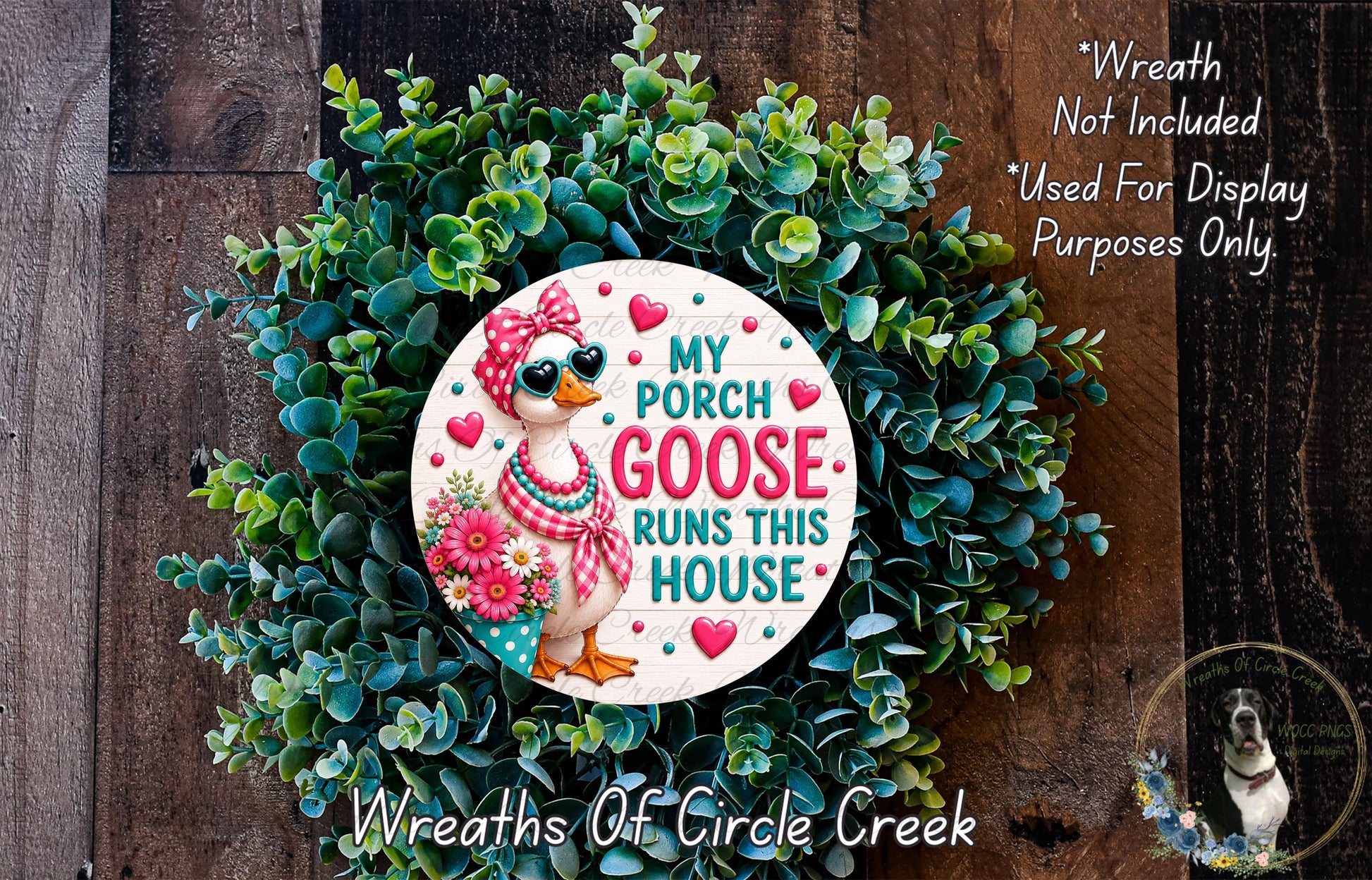 a wreath with a cartoon goose wearing sunglasses and a bow, surrounded by green foliage. The wreath is described as a "Wreath Not Included" and "Purpose Only" decoration, and it is part of the "Wreaths of Circle Creek" collection.